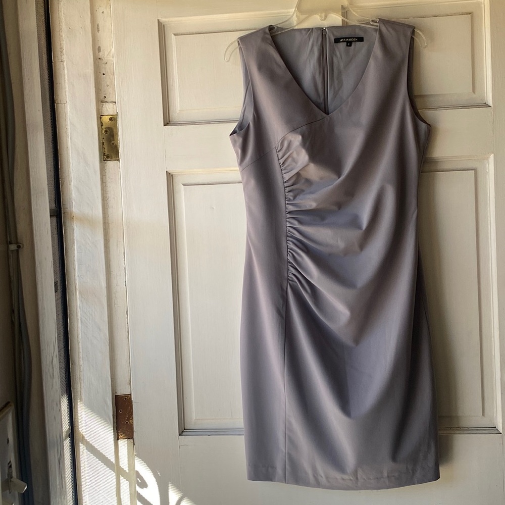 Ava & Aiden Ruched Gray V Neck Sleeveless Sheath Work Office Attire Dres…